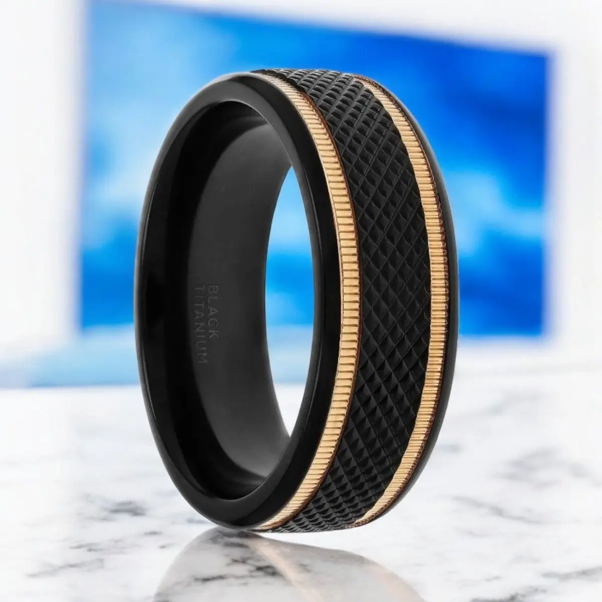 Baroque | Black Titanium Ring, Diamond Pattern & Two Gold Grooves 1