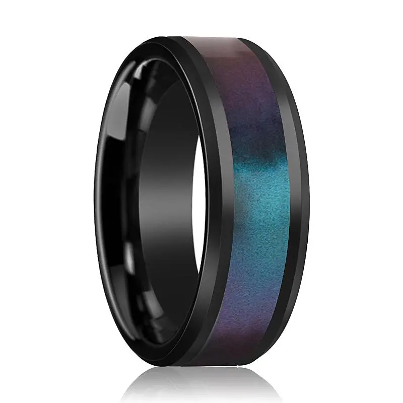 Barracuda | Black Ceramic Ring, Blue & Purple Color Changing Inlay, Beveled 1