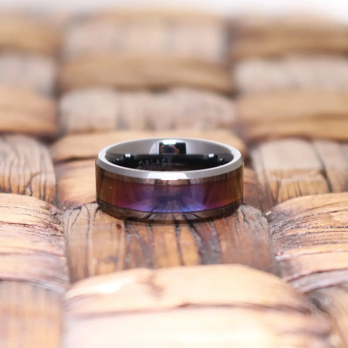 Barracuda | Black Ceramic Ring, Blue & Purple Color Changing Inlay, Beveled 5