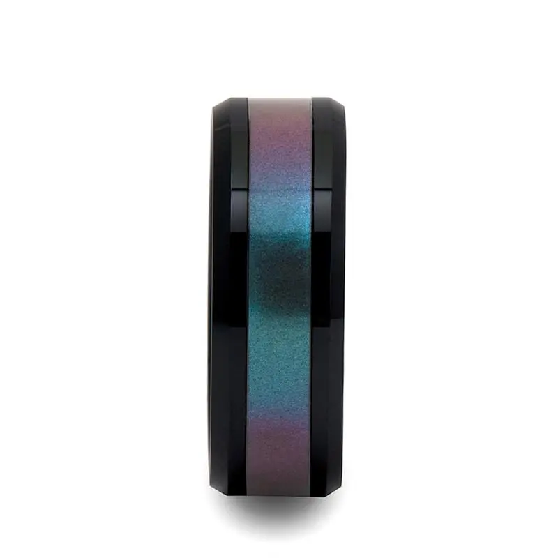 Barracuda | Black Ceramic Ring, Blue & Purple Color Changing Inlay, Beveled 3