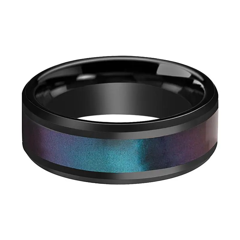 Barracuda | Black Ceramic Ring, Blue & Purple Color Changing Inlay, Beveled 2