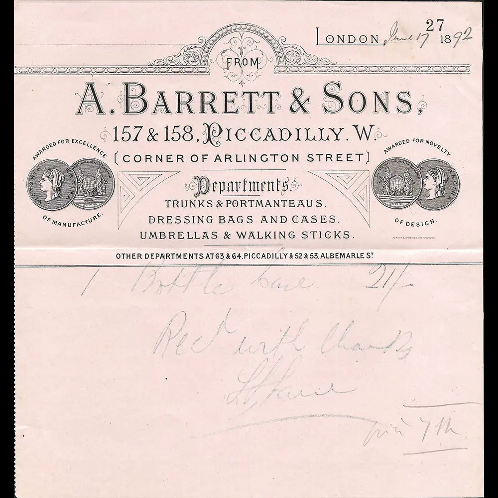A. Barrett & Sons - Facture De La Maison, 157-158 Piccadilly, London (1892) 1