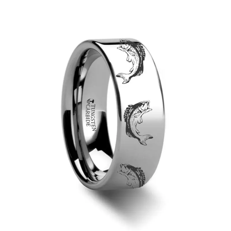 Bass Fish Jumping Sea Pattern Print Engraved Flat Couple Matching Wedding Ring - 4Mm - 12Mm 1