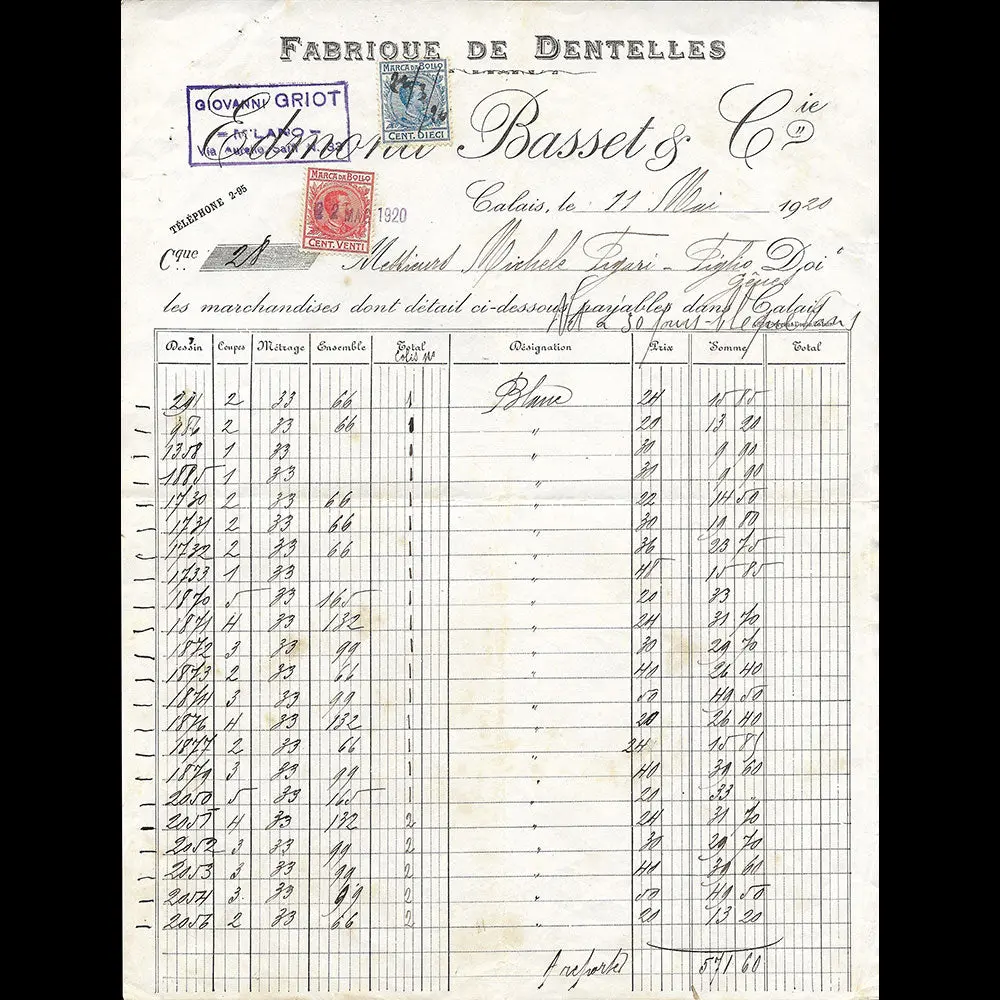 Edmond Basset & Cie - Facture De La Fabrique De Dentelles De Calais (1920) 1