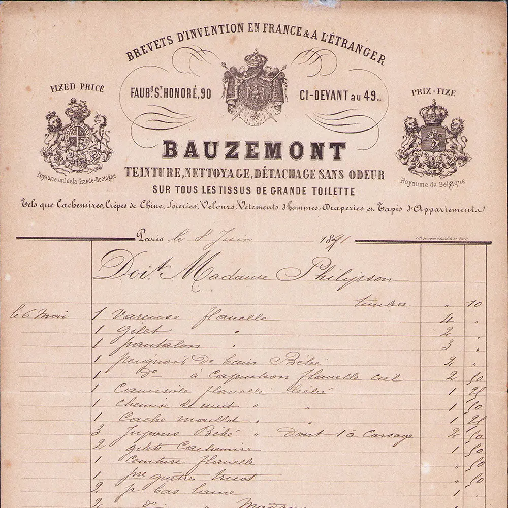 Bauzemont - Facture Du Teinturier, 90 Faubourg Saint-Honoré À Paris (1891) 2