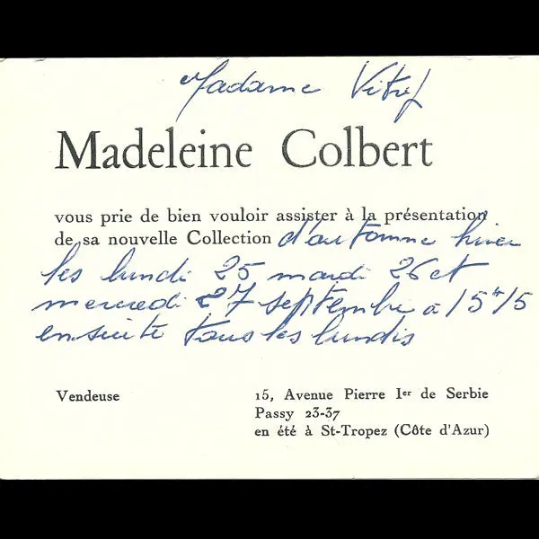 Carton D'invitation De La Maison Madeleine Colbert, 15 Avenue Pierre Ier De Serbie À Paris (1939) 1
