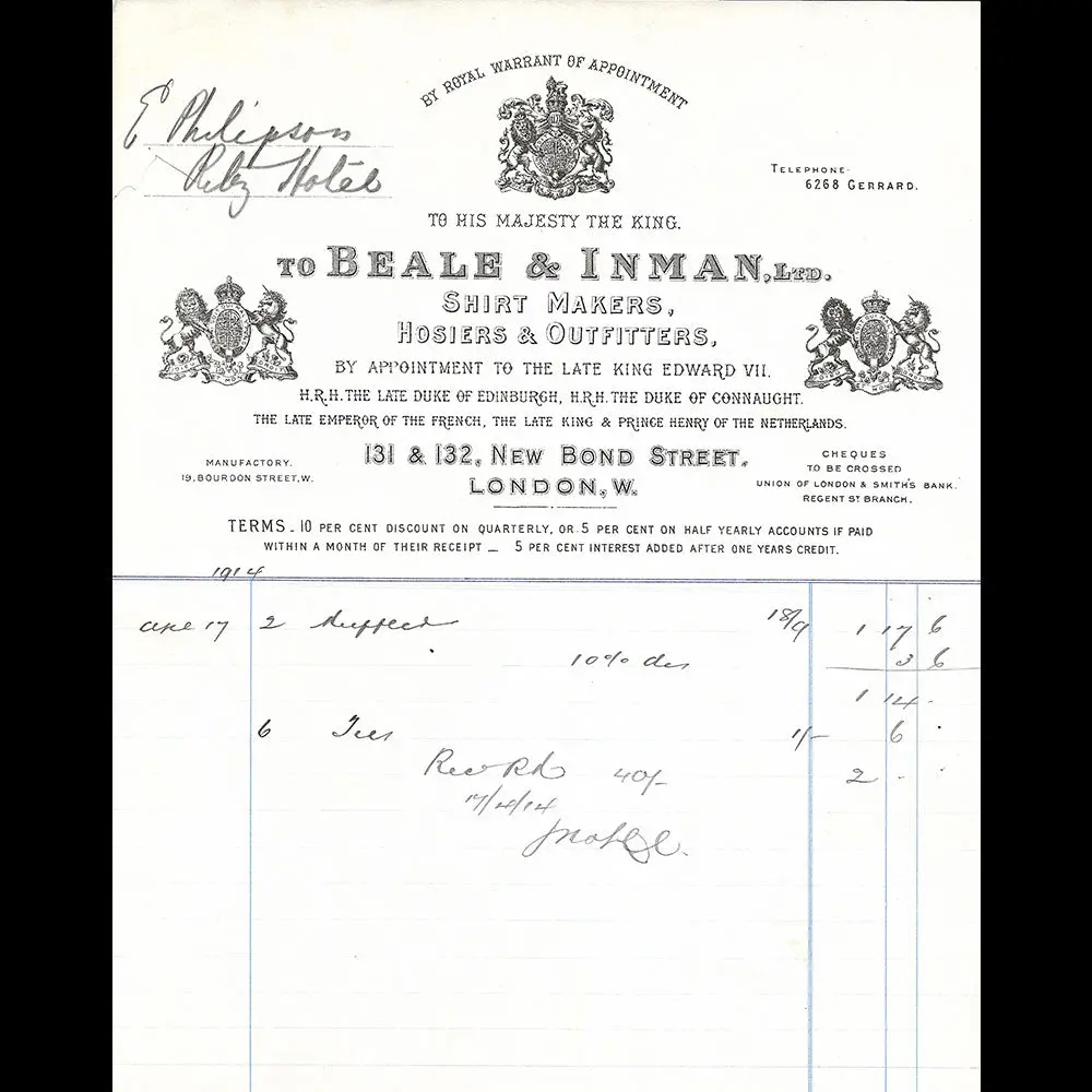 Beale & Inman - Facture Du Chemisier, 131 & 132 New Bond Street, London (1914) 1