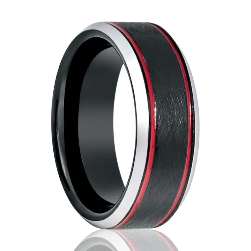 Belario | Black Tungsten Ring, Double Red Groove, Beveled 1