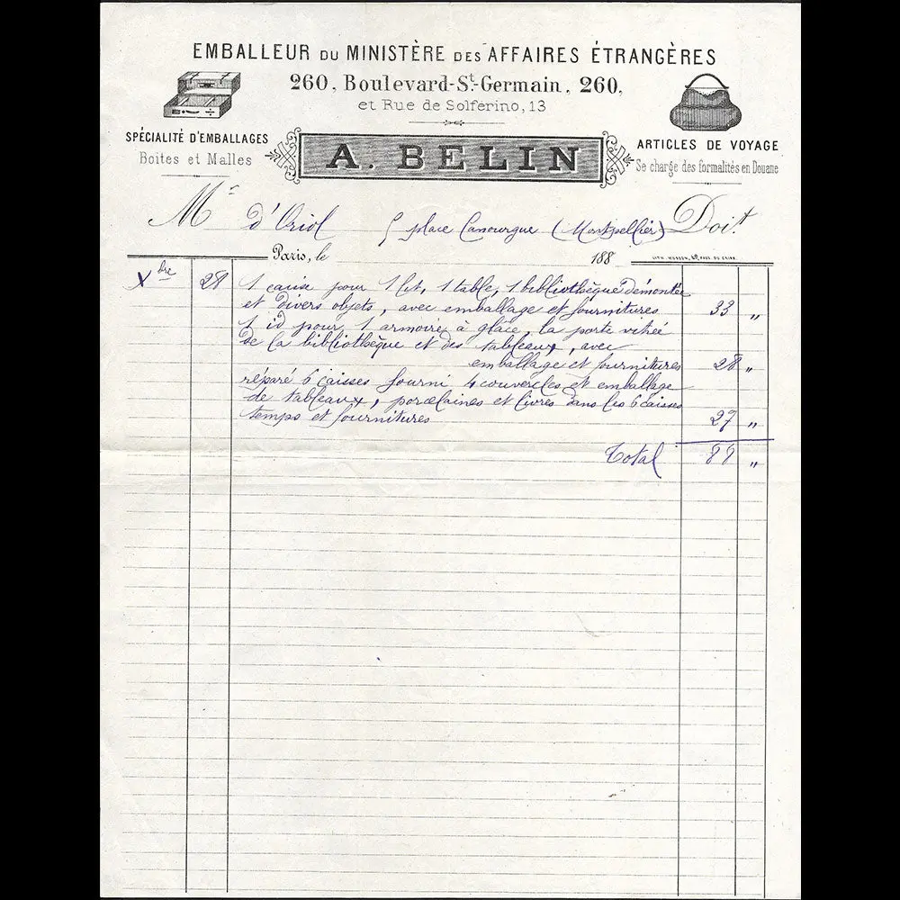 A. Belin - Facture De L'emballeur, 260 Boulevard Saint-Germain À Paris (1880S) 1
