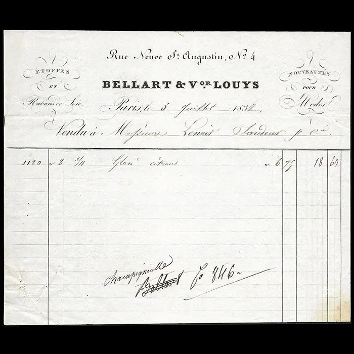 Bellart & Victor Louys - Facture Du Magasin D'étoffes, Rue Neuve Saint-Augustin À Paris (1838) 1