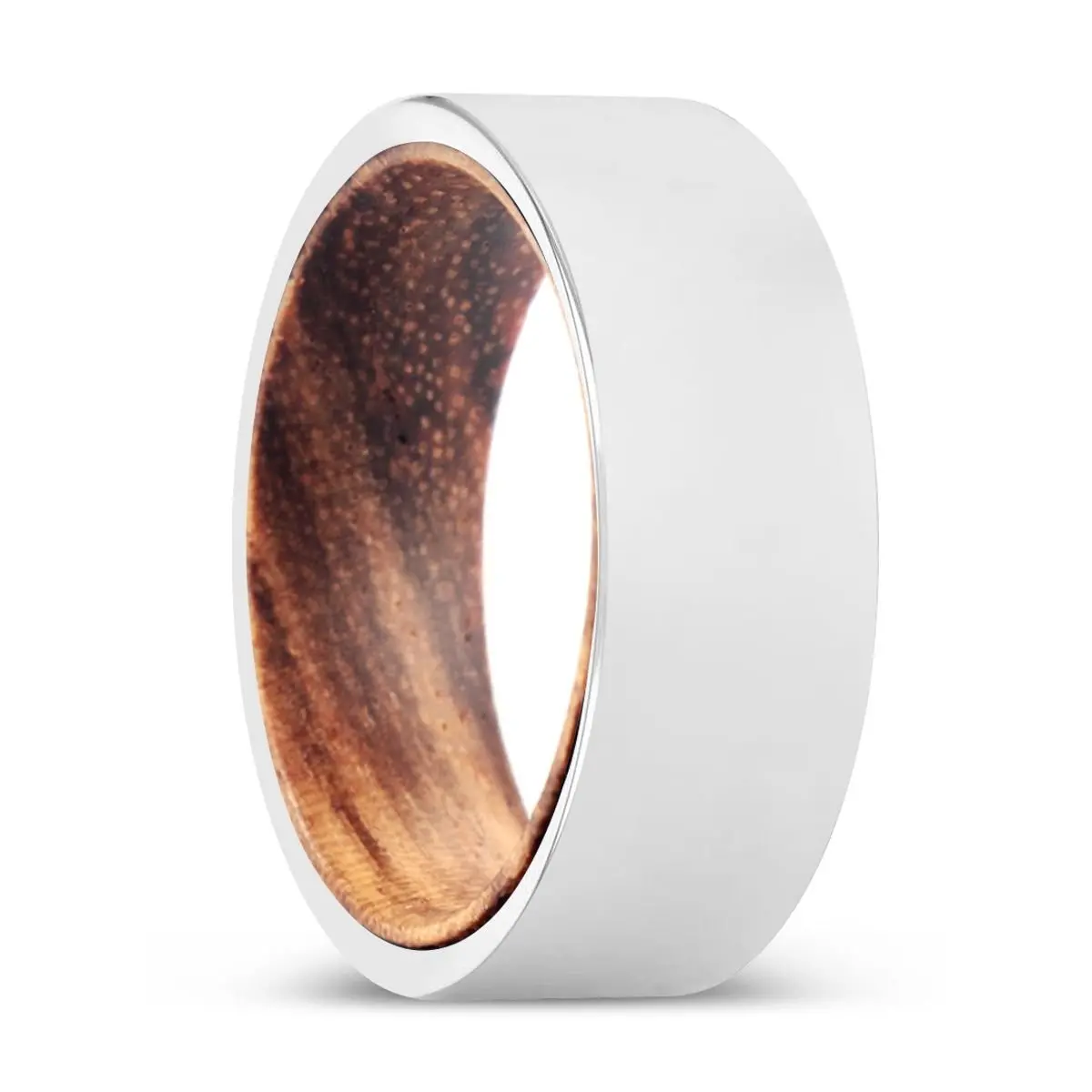 Belvins | Zebra Wood, Silver Tungsten Ring, Shiny, Flat 1