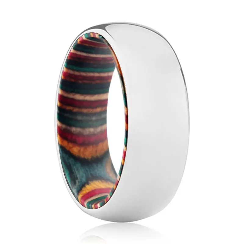 Bender | Multi Color Wood, Silver Tungsten Ring, Shiny, Domed 1