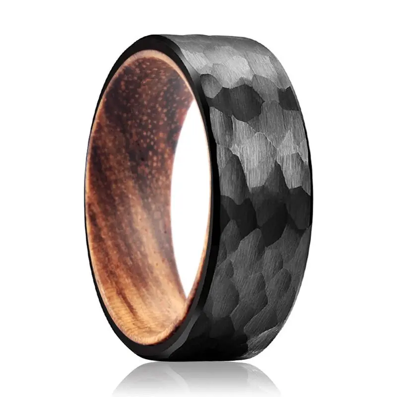 Bendtail | Zebra Wood, Black Tungsten Ring, Hammered, Flat 1