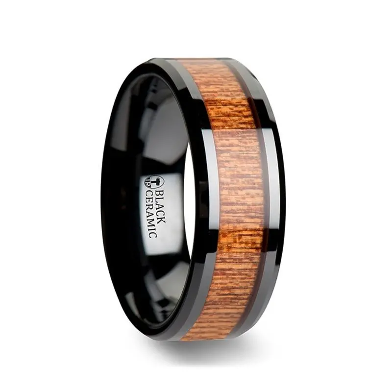 Benin | Black Ceramic Ring, African Sapele Wood Inlay, Beveled 1