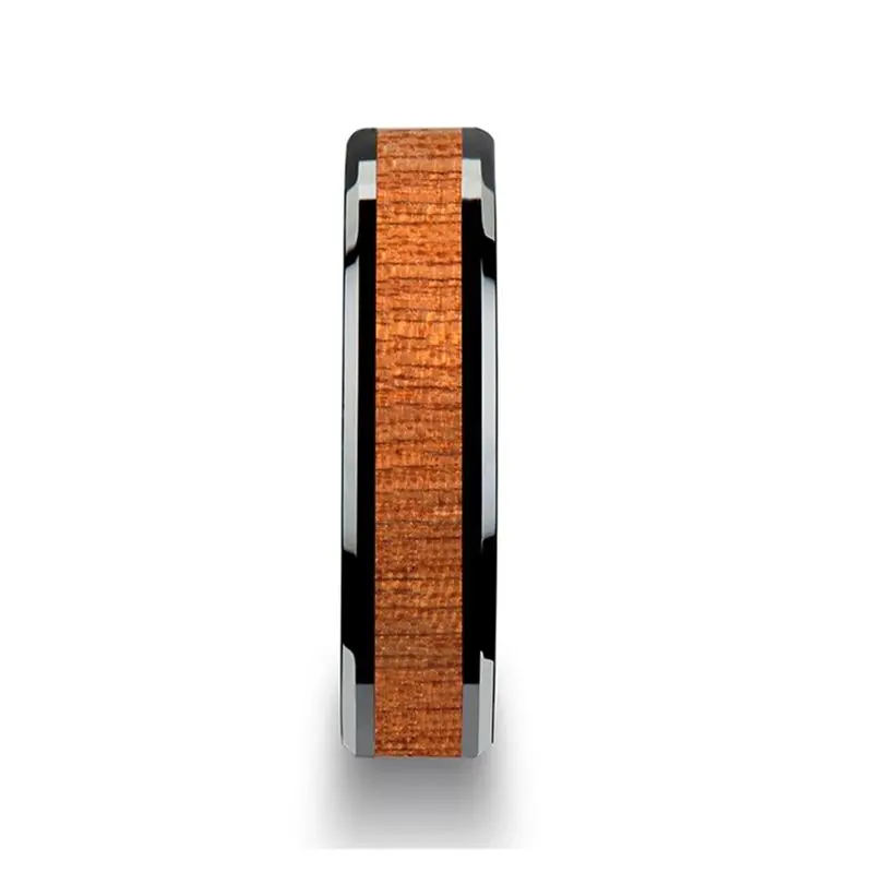 Benin | Black Ceramic Ring, African Sapele Wood Inlay, Beveled 3
