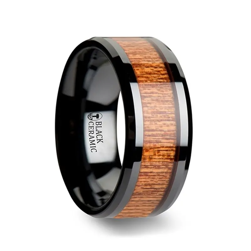 Benin | Black Ceramic Ring, African Sapele Wood Inlay, Beveled 2