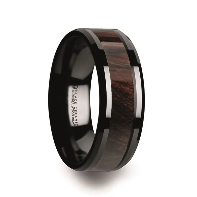 Benny | Black Ceramic Ring, Bubinga Wood Inlay, Beveled 1