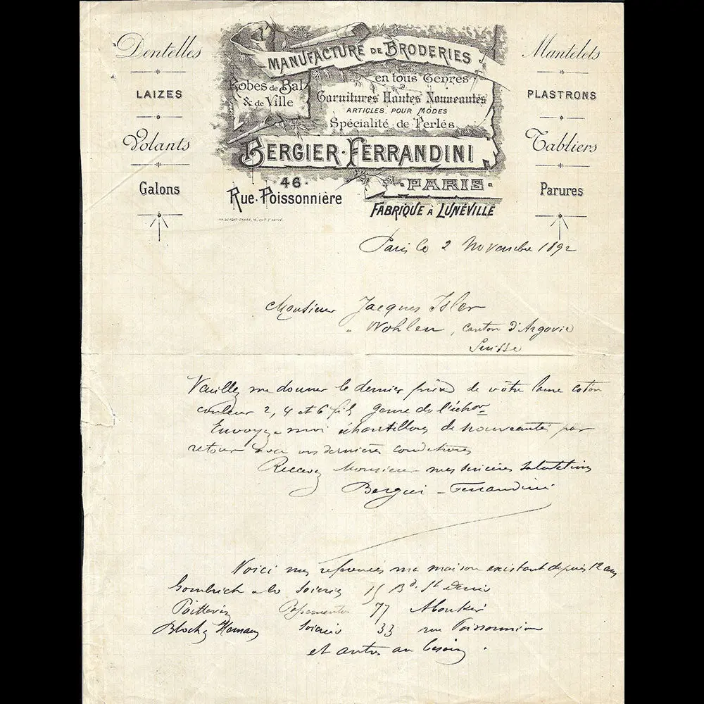Bergier Ferrandini - Facture De La Manufacture De Broderies, 46 Rue Poissonnière À Paris (1892) 1