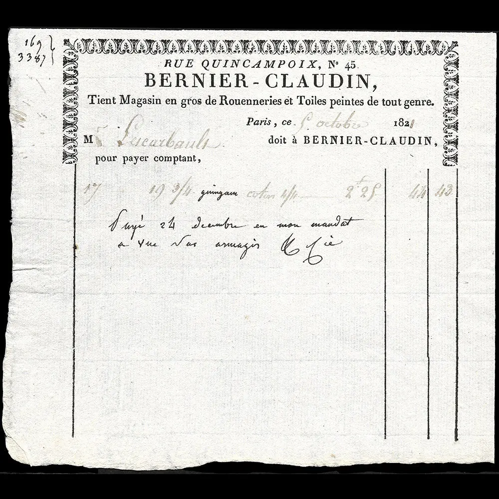 Bernier Claudin - Facture Du Magasin De Rouenneries, 45 Rue Quincampoix À Paris (1821) 1