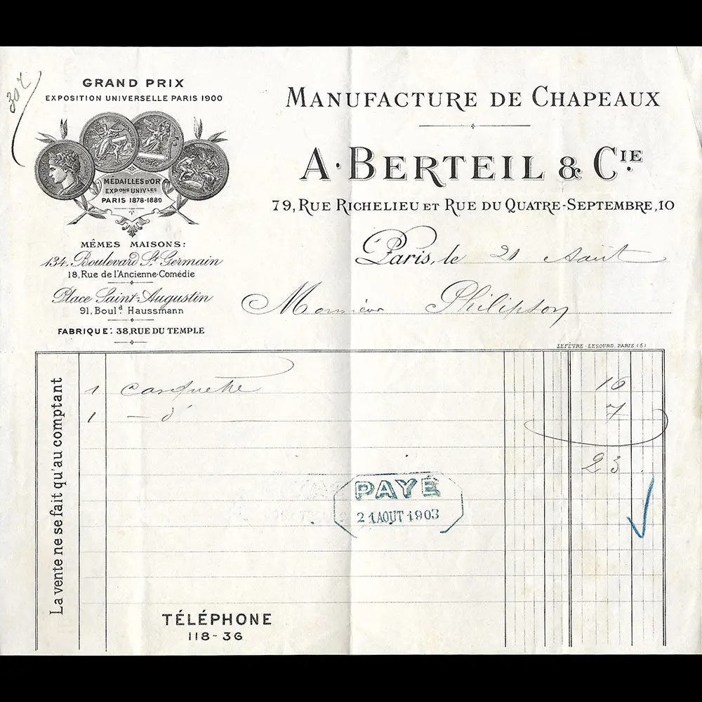 A. Berteil & Cie - Facture De La Maison De Chapellerie, 79 Rue Richelieu À Paris (1903) 1