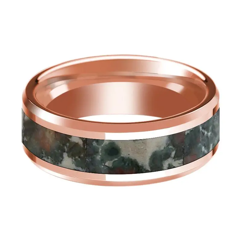 Beveled 14K Rose Gold Men's Wedding Band With Coprolite Fossil Inlay Polished Finish - 8Mm 2