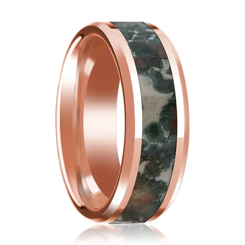 Beveled 14K Rose Gold Men's Wedding Band With Coprolite Fossil Inlay Polished Finish - 8Mm 1
