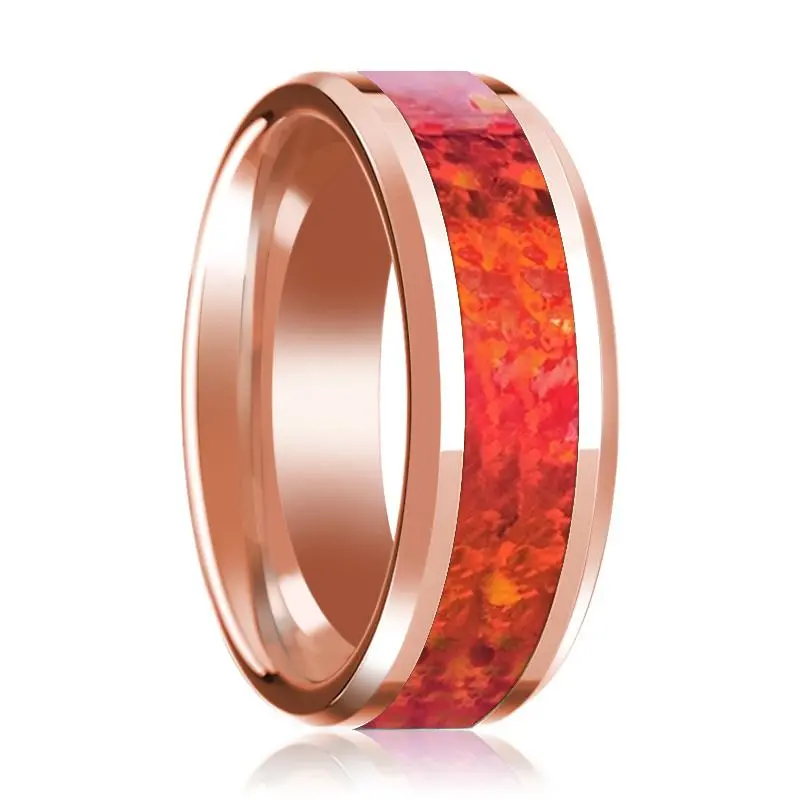 Beveled 14K Rose Gold Wedding Band For Men With Red Opal Inlay & Polished Finish - 8Mm 1