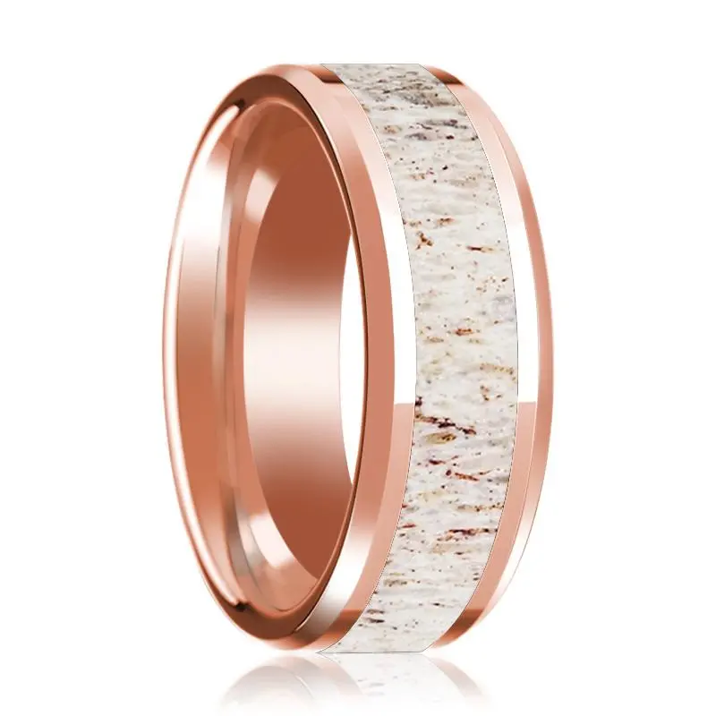 Beveled 14K Rose Gold Wedding Band For Men With White Deer Antler Inlay Polished Finish - 8Mm 1