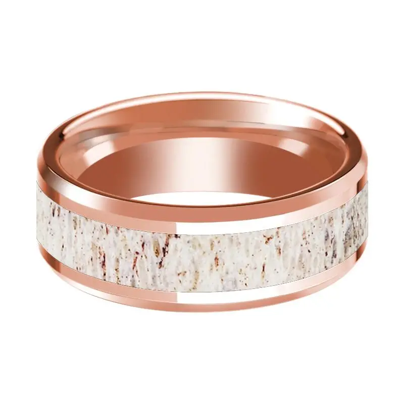 Beveled 14K Rose Gold Wedding Band For Men With White Deer Antler Inlay Polished Finish - 8Mm 2