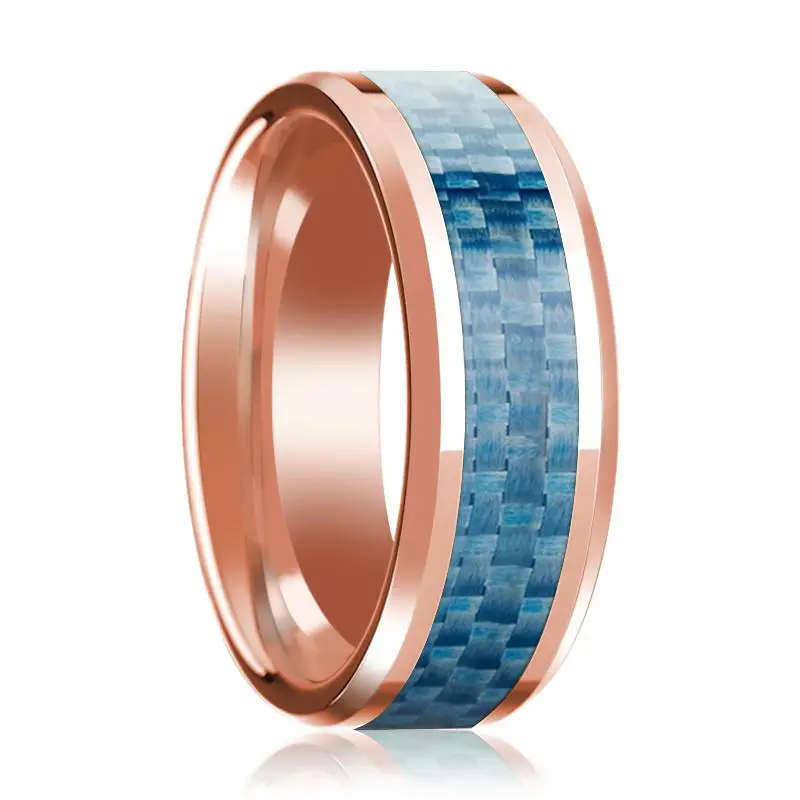 Beveled 14K Rose Gold Wedding Band With Blue Carbon Fiber Inlay & Beveled Edges Polished Finish - 8Mm 1
