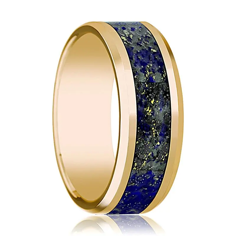 Beveled 14K Yellow Gold Men's Wedding Band With Blue Lapis Lazuli Inlay Polished Finish - 8Mm 1