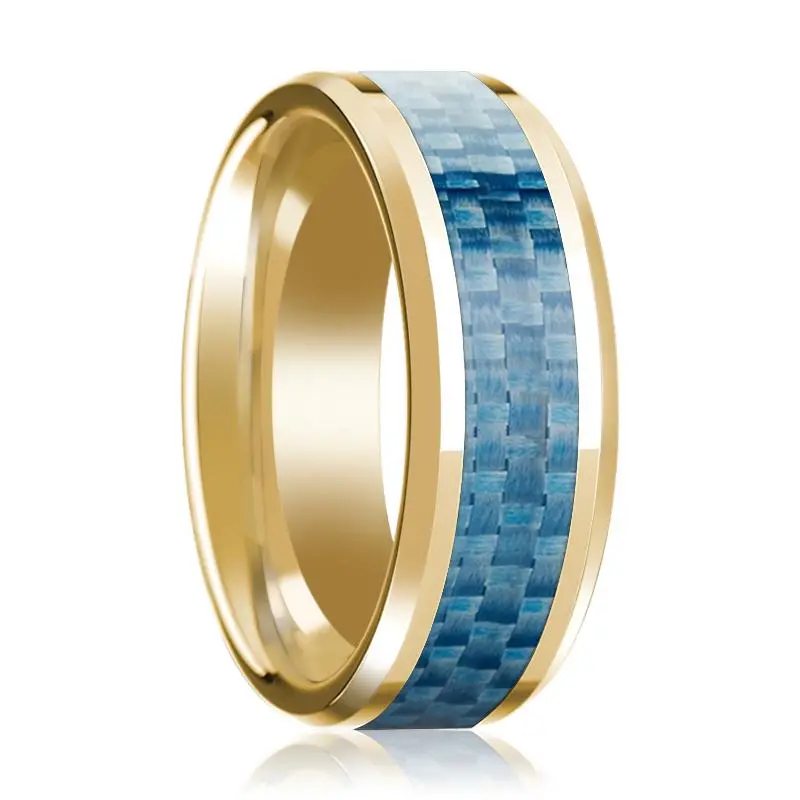 Beveled 14K Yellow Gold Wedding Band For Men With Blue Carbon Fiber Inlay & Polished Finish - 8Mm 1