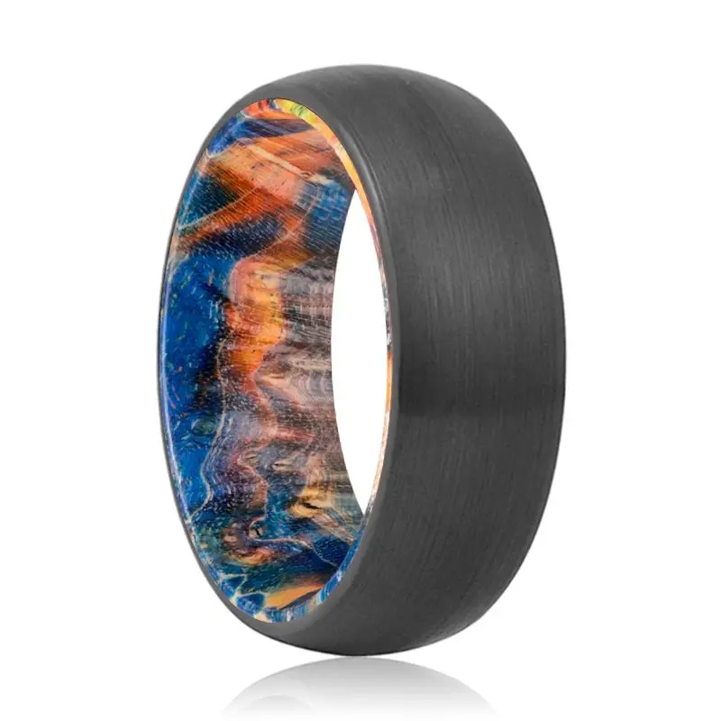Beverly | Blue & Yellow/Orange Wood, Black Tungsten Ring, Brushed, Domed 1