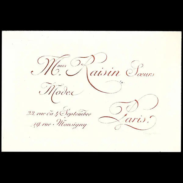 Raisin Soeurs - Carte De La Maison De Modes 23 Rue Du 4 Septembre À Paris (Circa 1910) 1