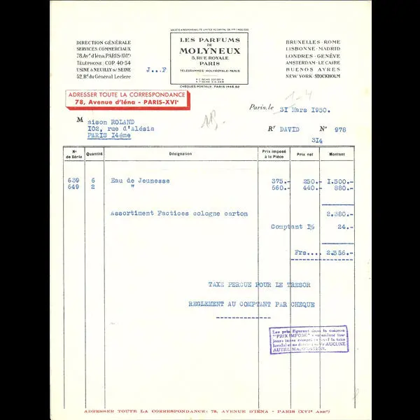 Facture Des Parfums Molyneux, 5 Rue Royale À Paris (1950) 1