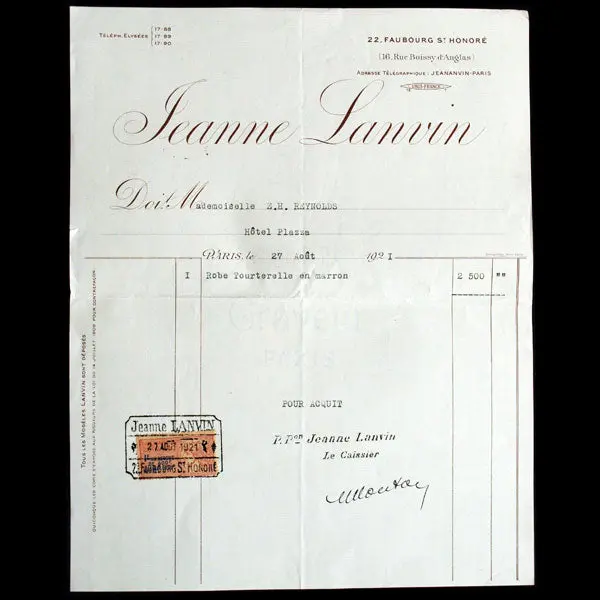 Facture De La Maison Jeanne Lanvin, 22 Faubourg Saint-Honoré (1921) 1