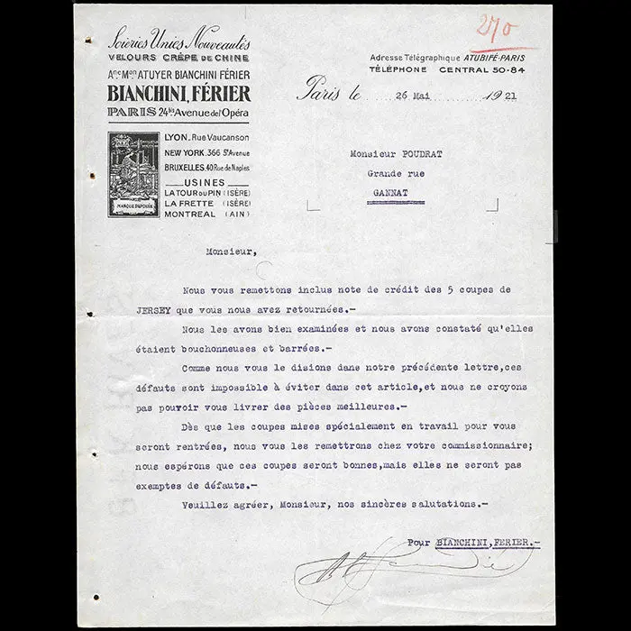 Bianchini Ferier - Correspondance Du Fabricant De Tissus, 24 Avenue De L'opéra À Paris (1921) 1