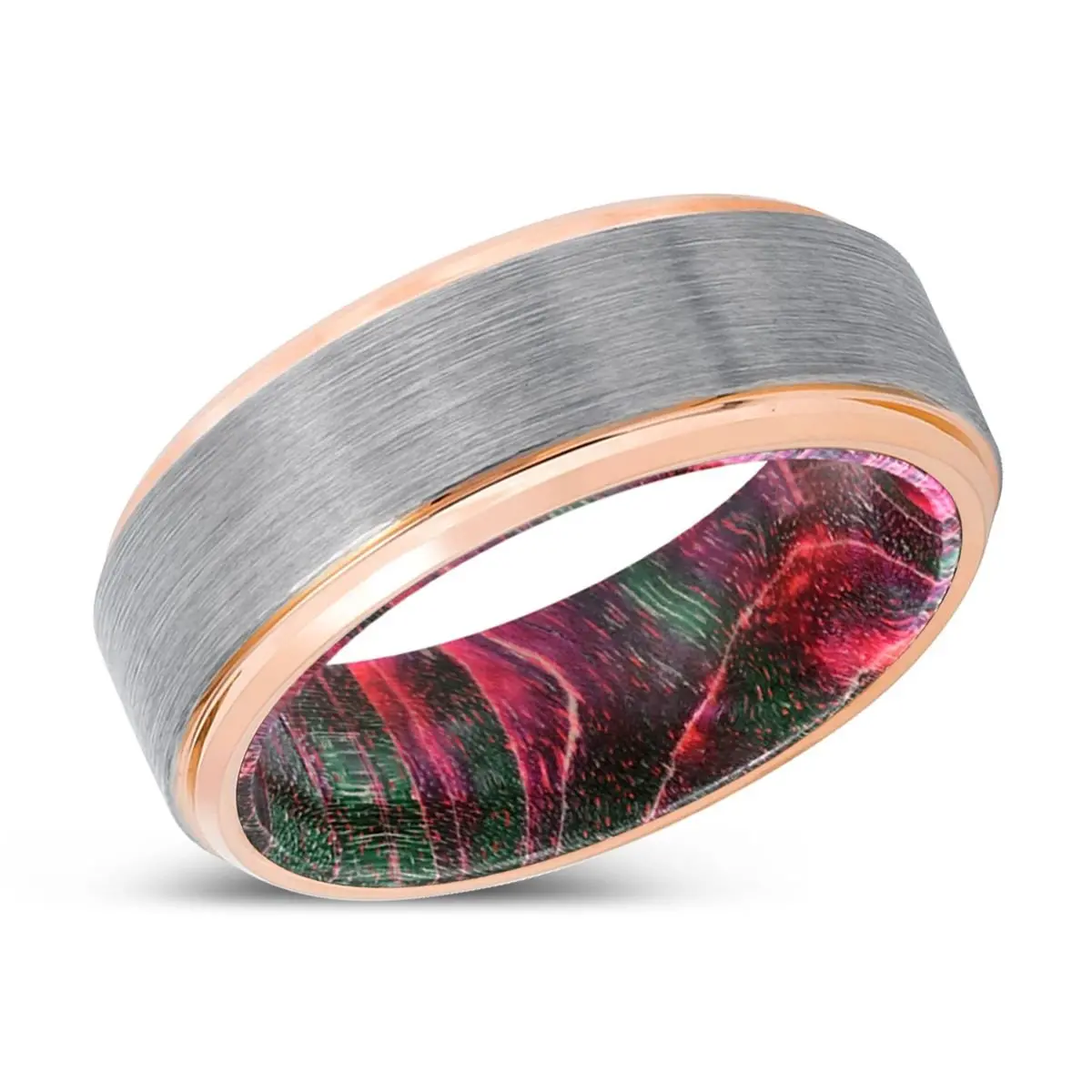 Bicks | Green & Red Wood, Silver Tungsten Ring, Brushed, Rose Gold Stepped Edge 2