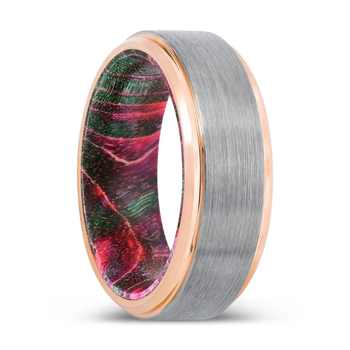 Bicks | Green & Red Wood, Silver Tungsten Ring, Brushed, Rose Gold Stepped Edge 1