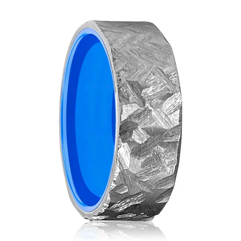 Bigblue | Blue Ring, Silver Titanium Ring, Hammered, Flat 1