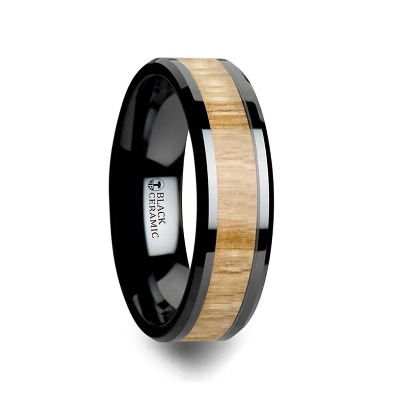 Biltmore | Black Ceramic Ring, Ash Wood Inlay, Beveled 1