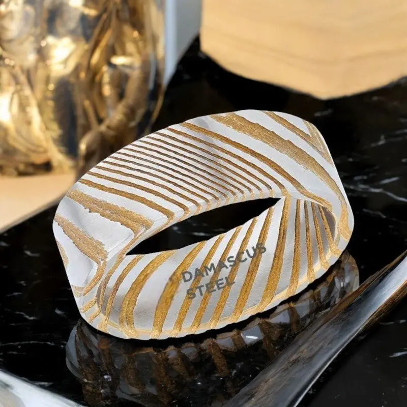 Bishop | Gold Damascus Steel Ring, Vivid Etched Design, Flat 2