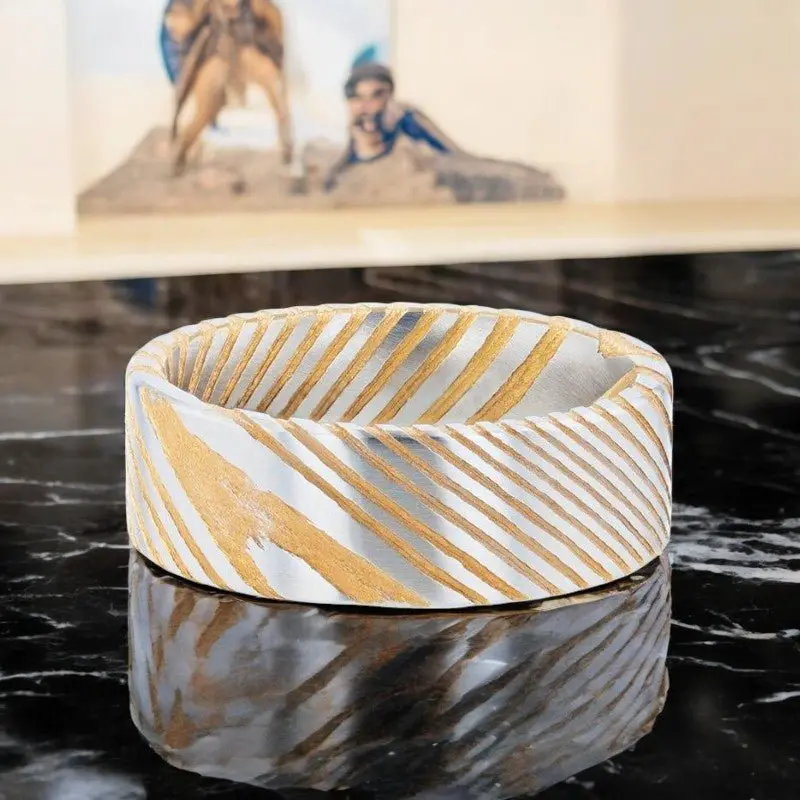 Bishop | Gold Damascus Steel Ring, Vivid Etched Design, Flat 5