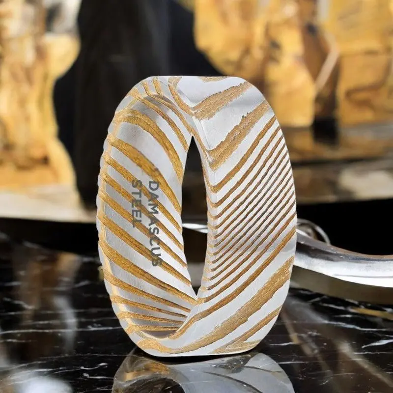 Bishop | Gold Damascus Steel Ring, Vivid Etched Design, Flat 1