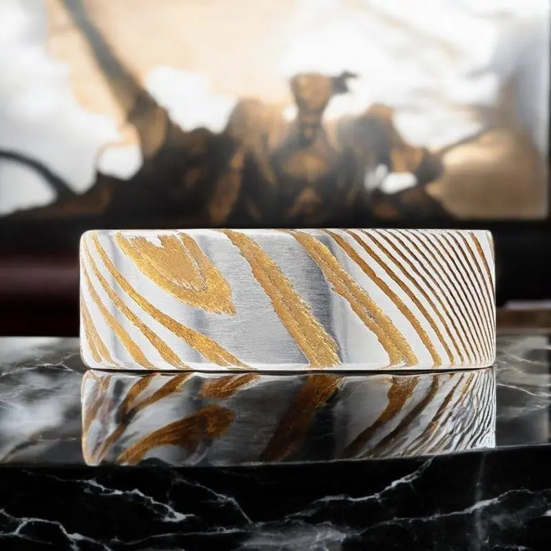 Bishop | Gold Damascus Steel Ring, Vivid Etched Design, Flat 3