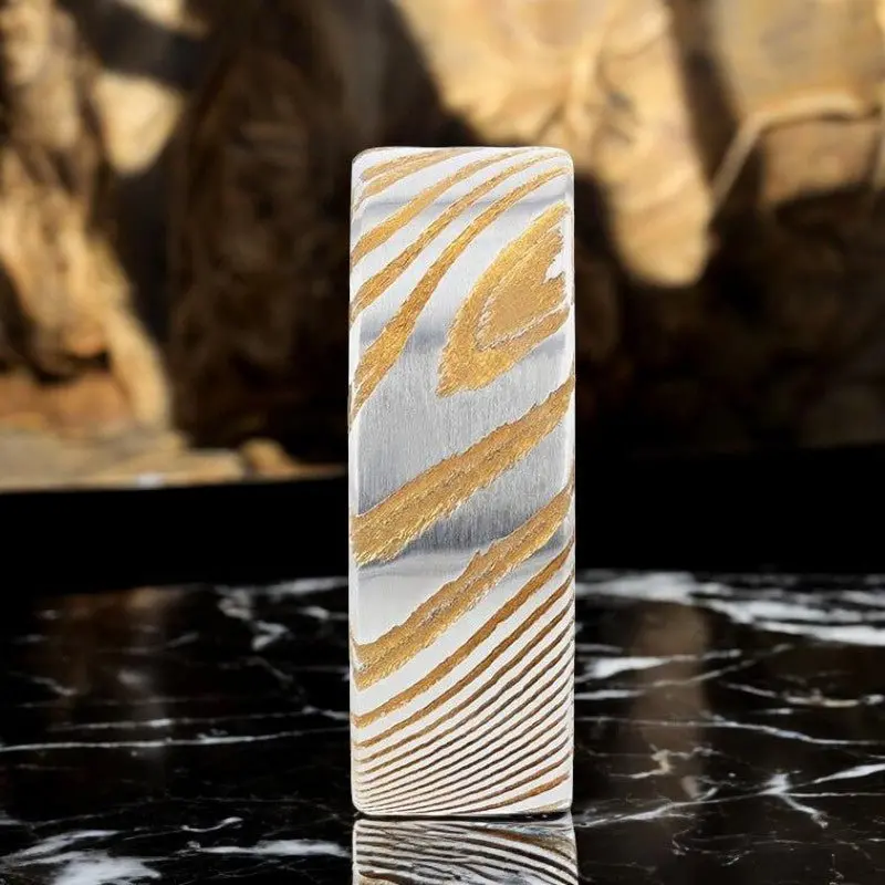 Bishop | Gold Damascus Steel Ring, Vivid Etched Design, Flat 4