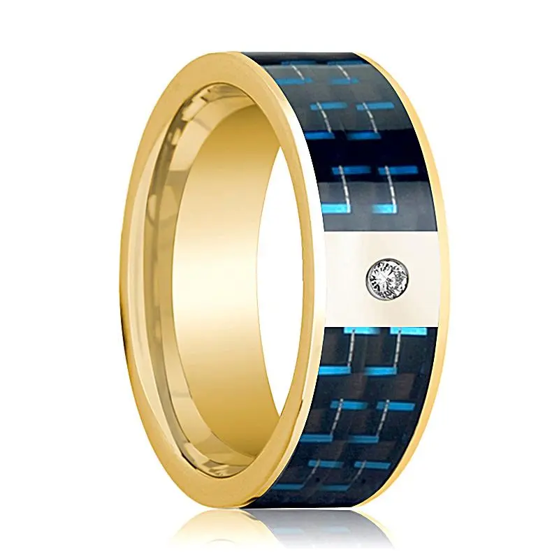 Black And Blue Carbon Fiber Inlaid Men's 14K Gold Wedding Band With Diamond In Center - 8Mm 1