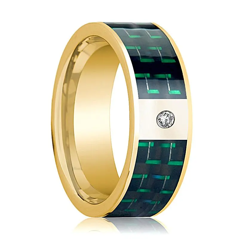 Black And Green Carbon Fiber Inlaid Men's 14K Yellow Gold Wedding Band With Diamond - 8Mm 1