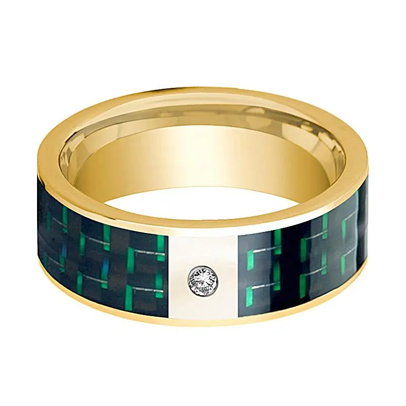 Black And Green Carbon Fiber Inlaid Men's 14K Yellow Gold Wedding Band With Diamond - 8Mm 2