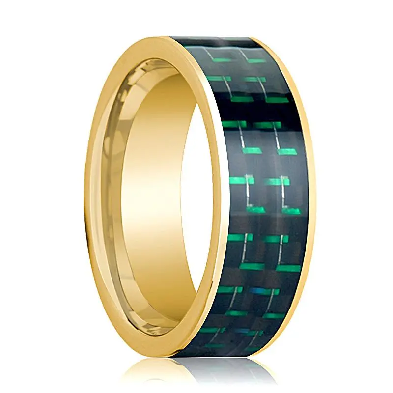 Black And Greene Carbon Fiber Inlaid Flat 14K Yellow Gold Men's Wedding Band Polished - 8Mm 1